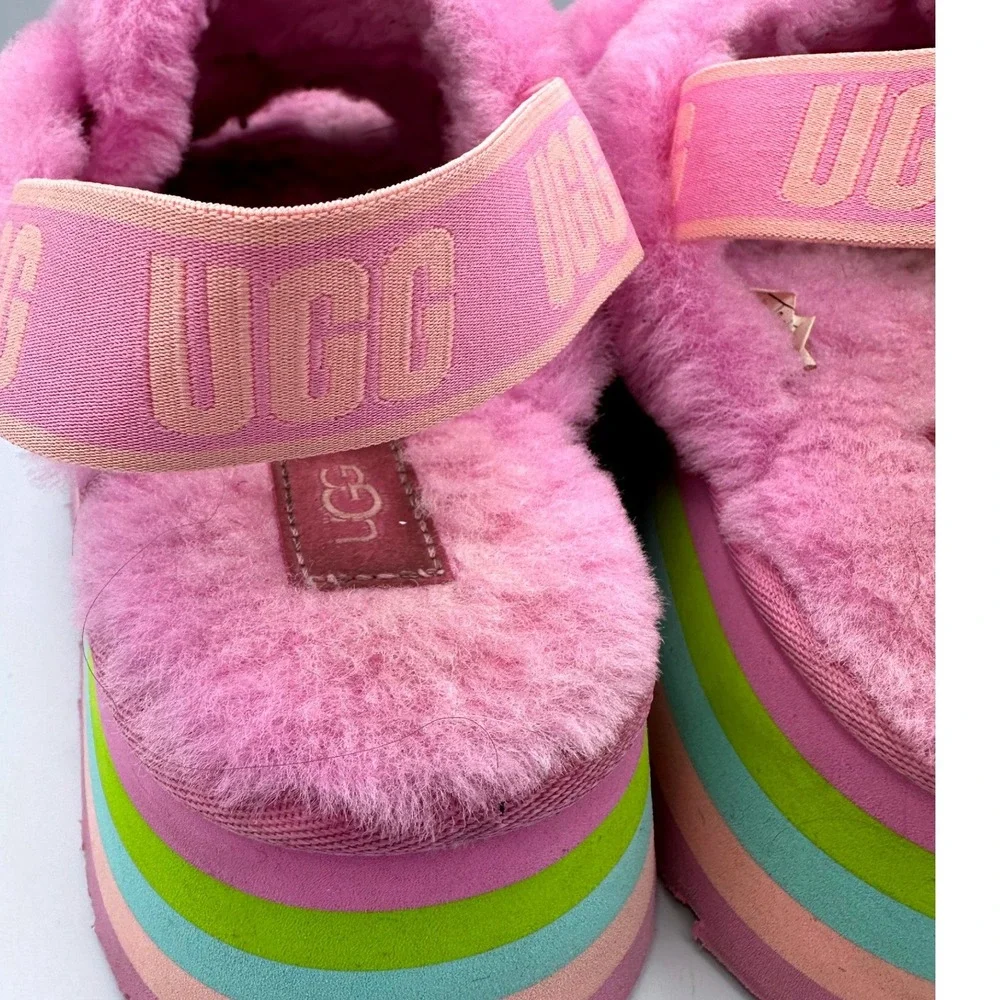 UGG Funkette Pink Platform Slingback Rainbow Sole Shearling Women's Size 9